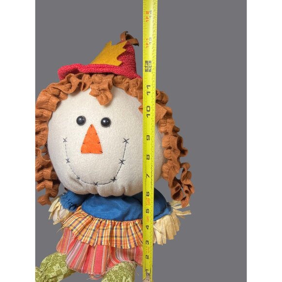 Handmade Scarecrow Plush Doll Shelf Sitter With Red Hat & Plaid Skirt Fall Decor - Picture 9 of 10